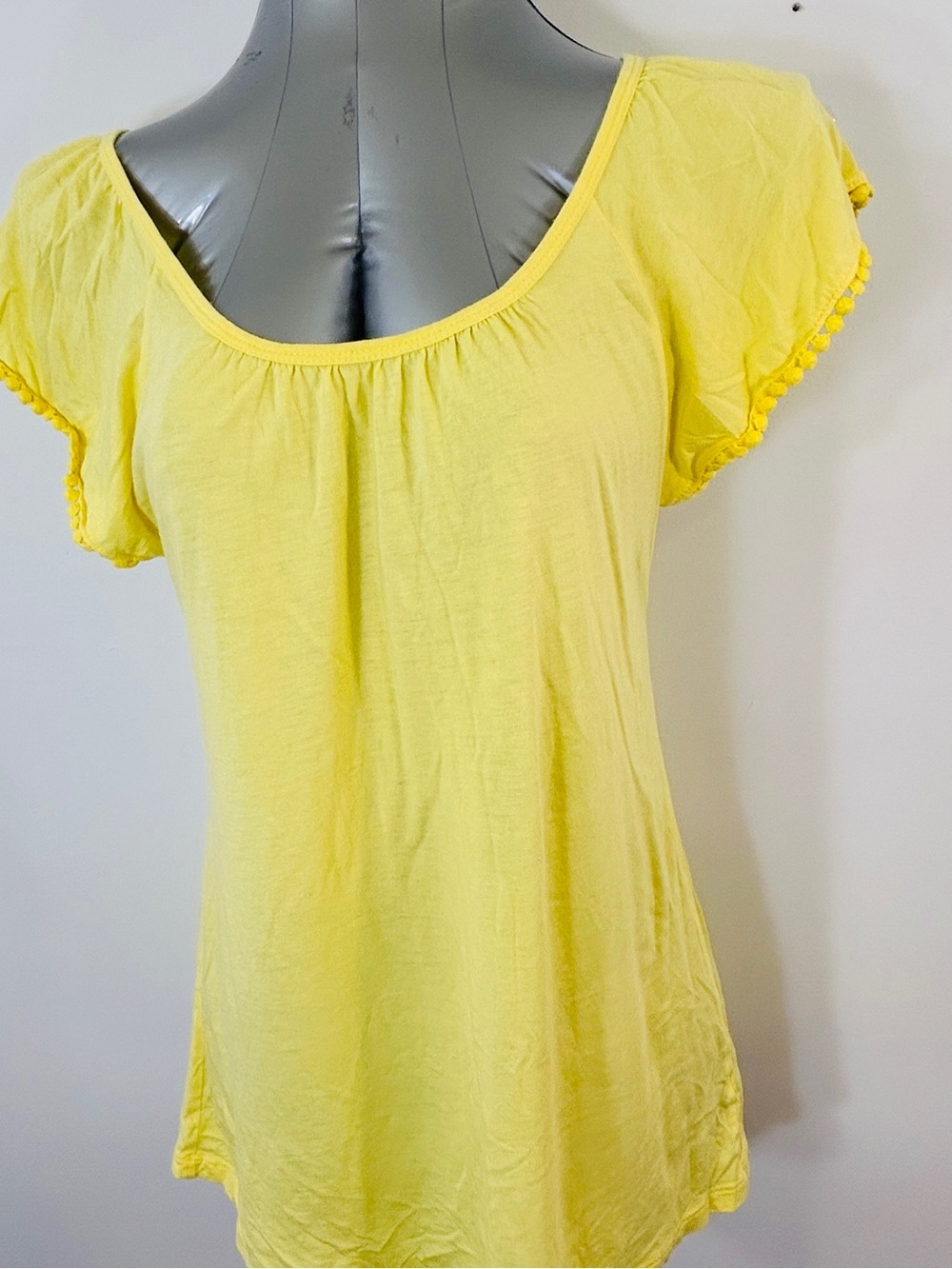 GAP Sunny Yellow Scoop Neck Short Sleeve Top with Pom Trim